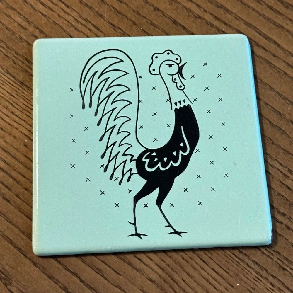 Vintage Frigidaire Pot Rooster Porcelain Enamel Trivet Aqua Mid Century Modern